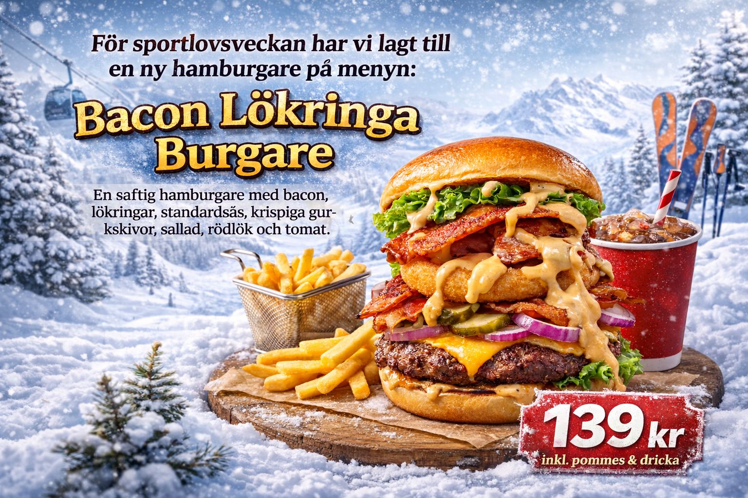 Bacon & Lökringa Burger med pommes och läsk